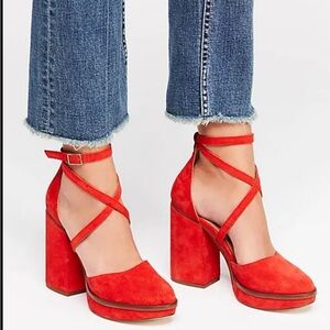 Free People 40 (9.5US) Red Remi Double Ankle Strap Suede Block Platform Heel